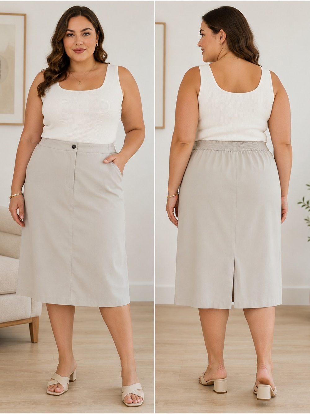 Jessica London Light Taupe Midi Skirt with Elastic Back